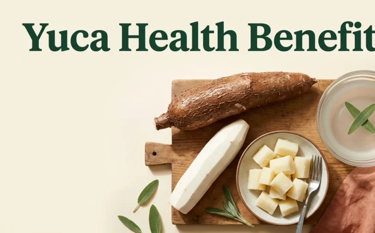 Yuca health benefits shown with whole fresh cassava root, peeled yuca, and boiled yuca cubes on a rustic wooden surface with sage accents.